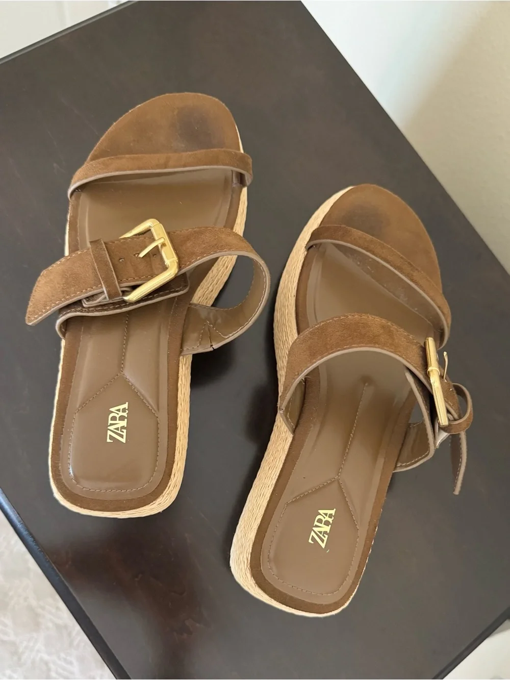 Zara Brown Suede Platform Espadrille Mules with Gold Buckle - Picture 4 of 4
